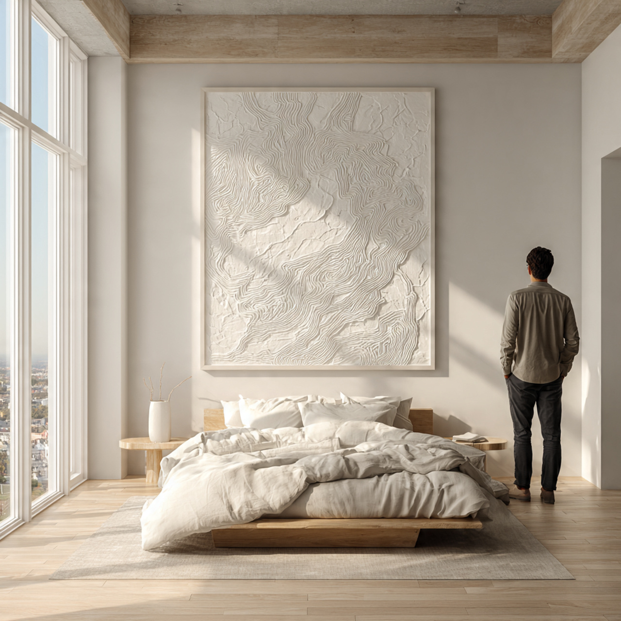 25 Stunning Neutral Bedroom Decor Ideas for Calm & Luxurious Living 25 neutral bedroom with minimalist line art framed