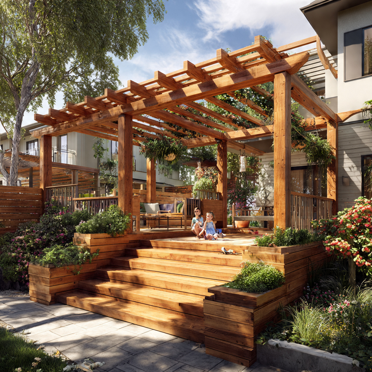 pergola ideas displaying a multi level terraced pergola