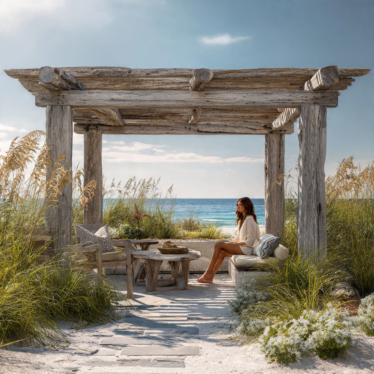 pergola ideas showcasing a coastal driftwood pergola