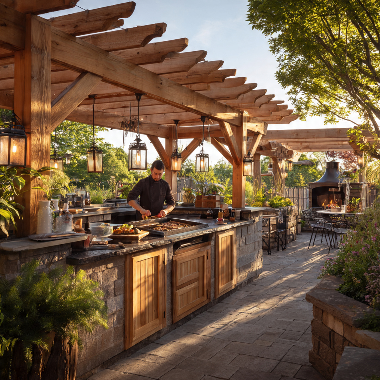 pergola ideas showing a gourmet outdoor kitchen