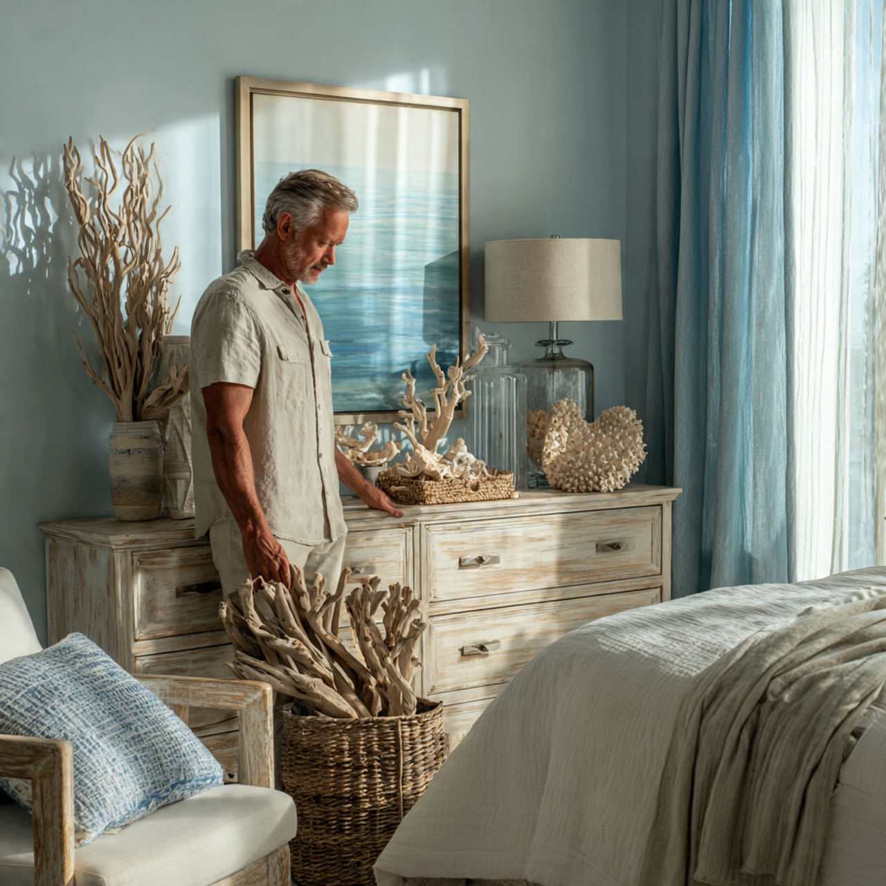 25 Bedroom Dresser Decor Ideas for Modern, Elegant Bedrooms 22 photorealistic coastal style bedroom scene highlighting bedroom dresser