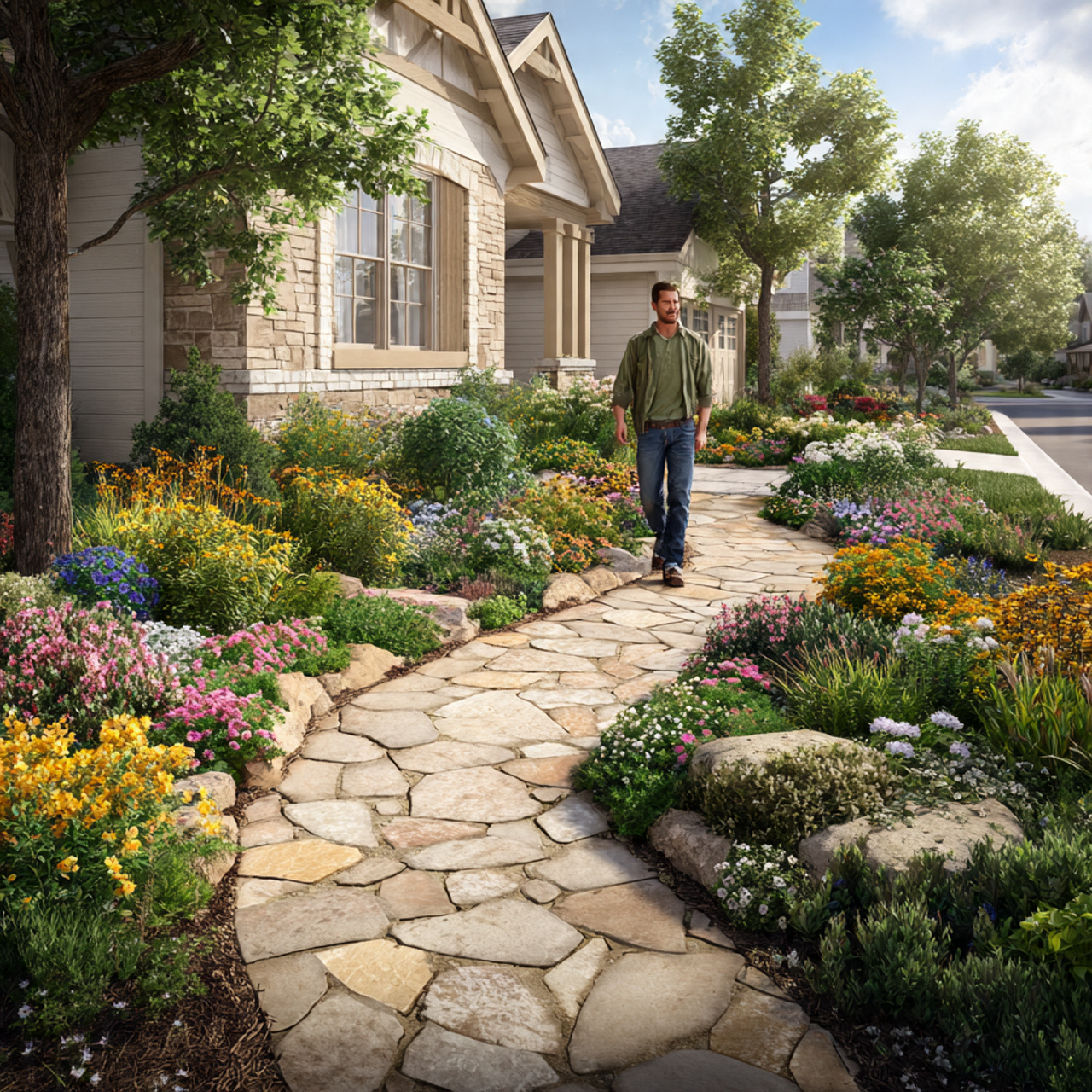 photorealistic flower bed ideas showing curved edge