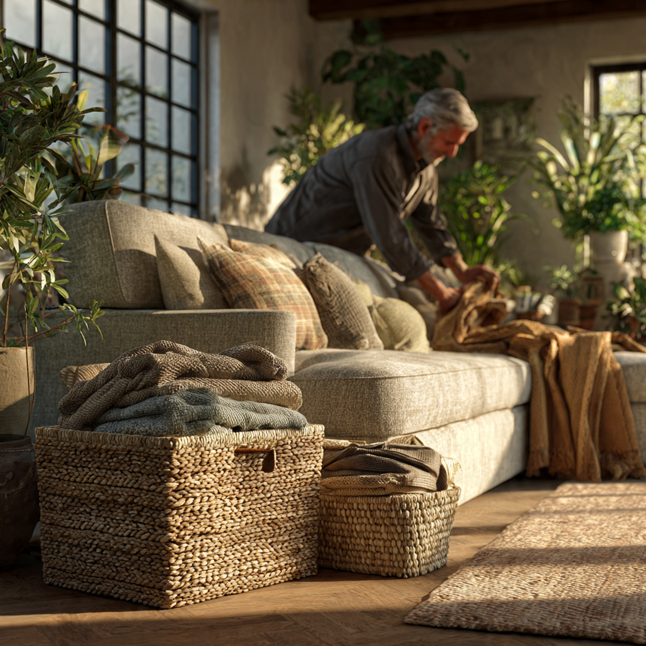 25 Organization Ideas That Transform Clutter Into Stunning Home Style 7 photorealistic living room scene featuring woven basket