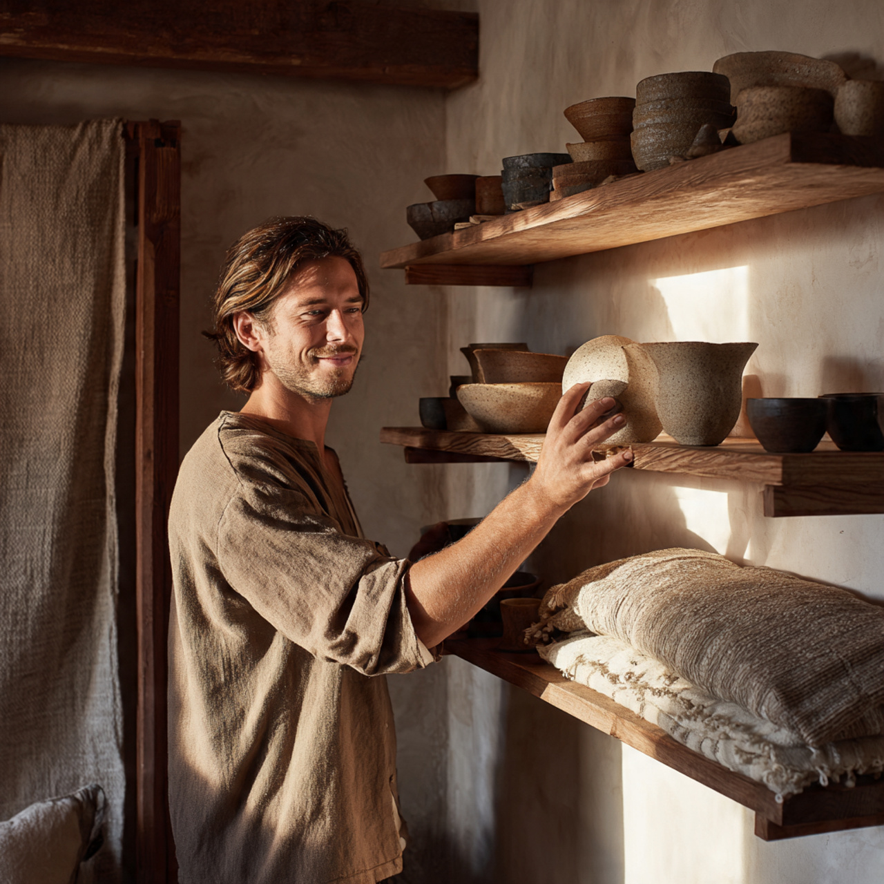 25 Inspiring Bedroom Shelf Decor Ideas for Every Style & Mood 24 realistic bedroom shelf displaying handcrafted pottery with