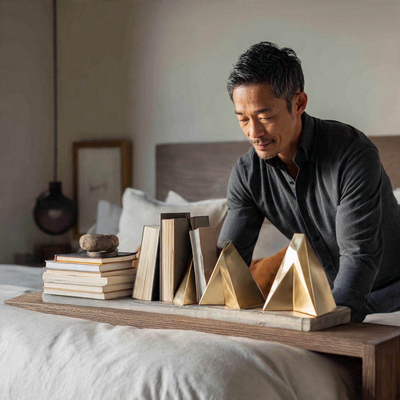 25 Inspiring Bedroom Shelf Decor Ideas for Every Style & Mood 12 realistic bedroom shelf featuring geometric metallic bookends