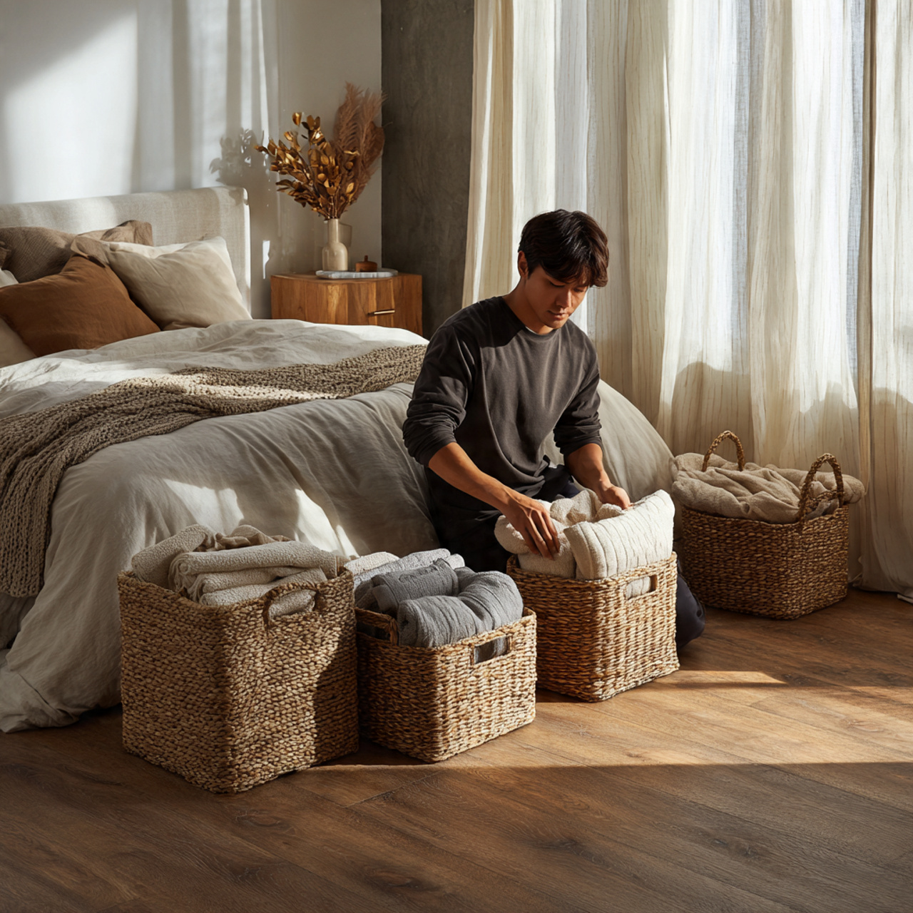 25 Cozy Bedroom Decor Ideas That Make Your Space Stylish & Relaxing 12 realistic cozy bedroom with woven wicker baskets