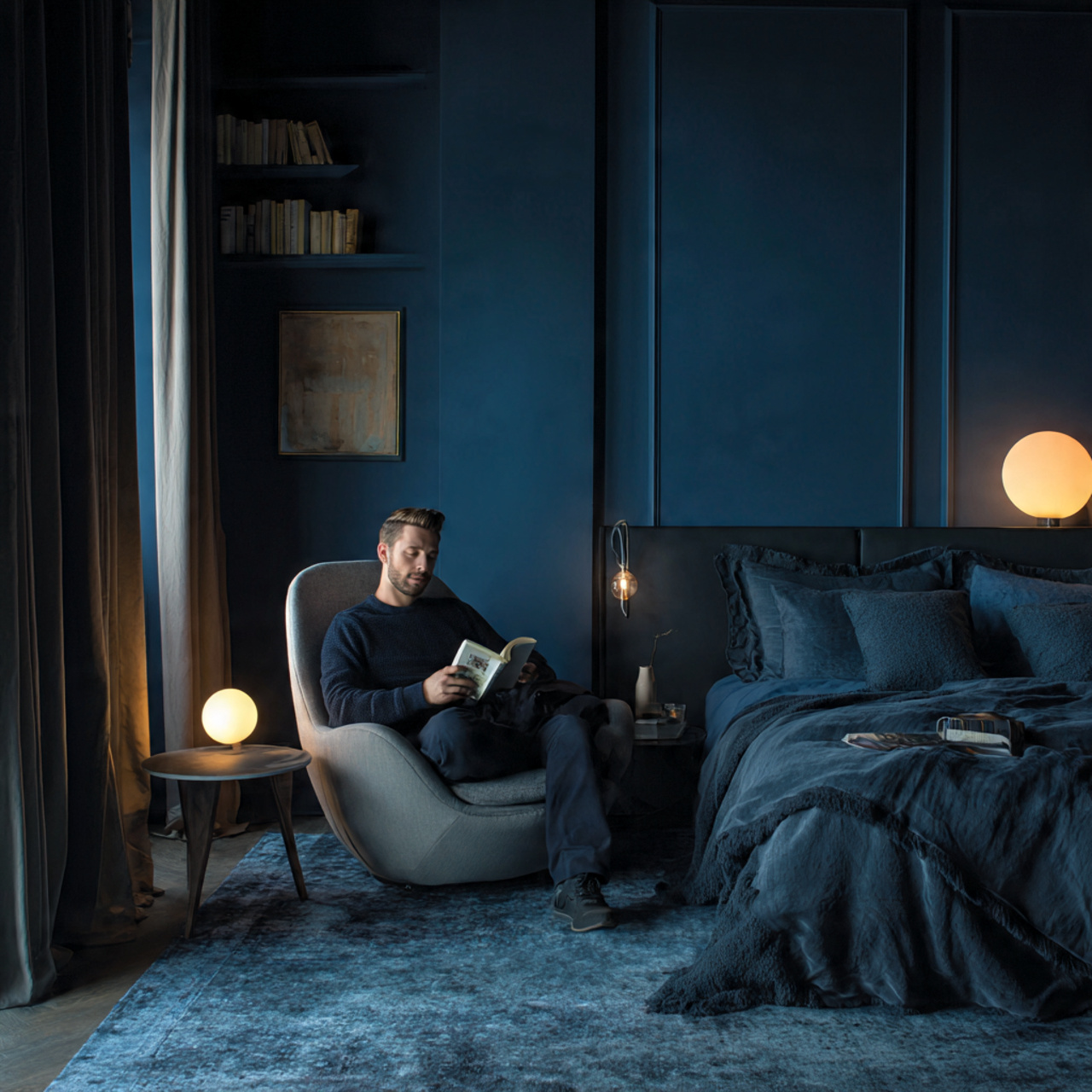 25 Elegant Blue Bedroom Ideas That Elevate Any Room 14 richly layered deep sea navy bedroom with