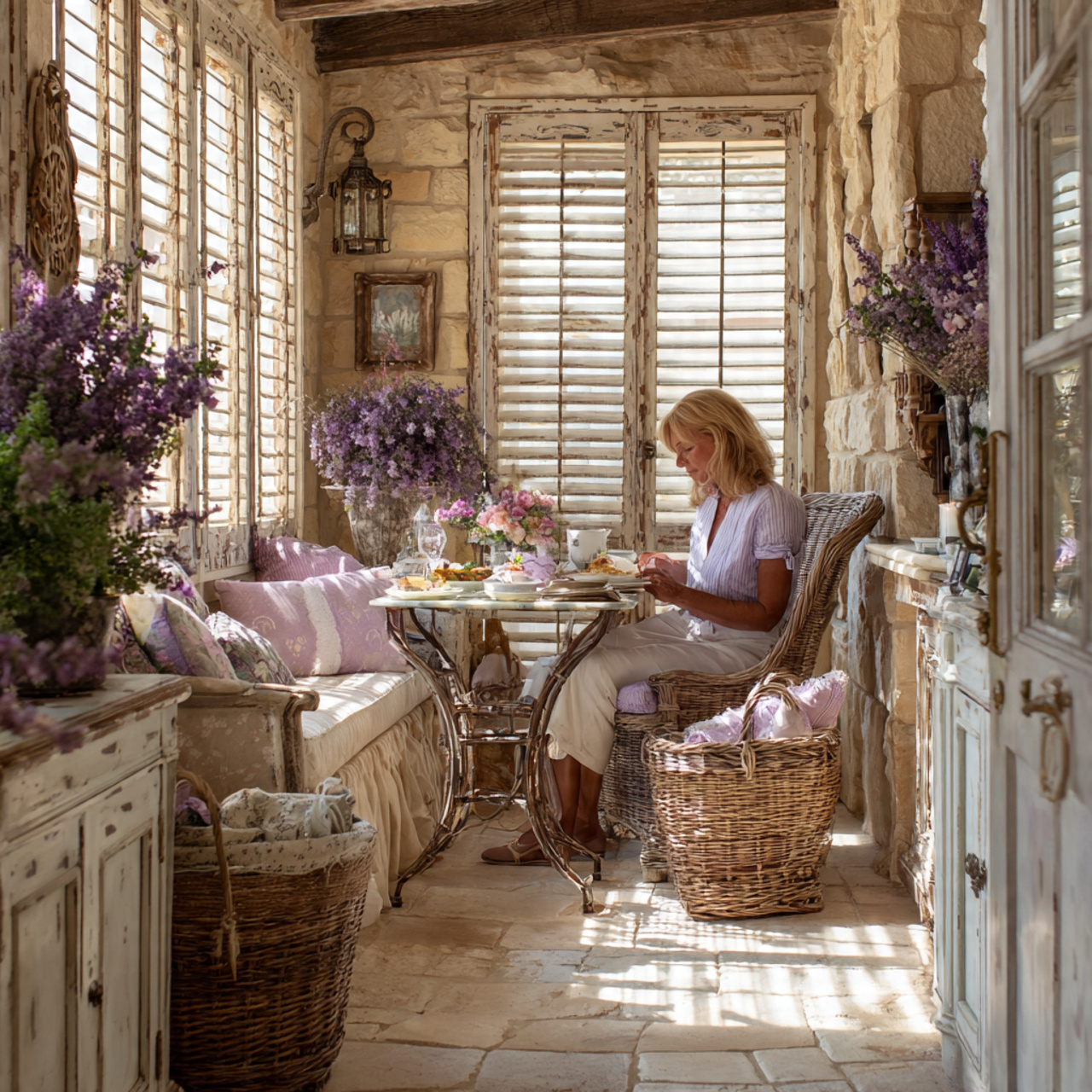 rustic french country sunroom with limestone floors