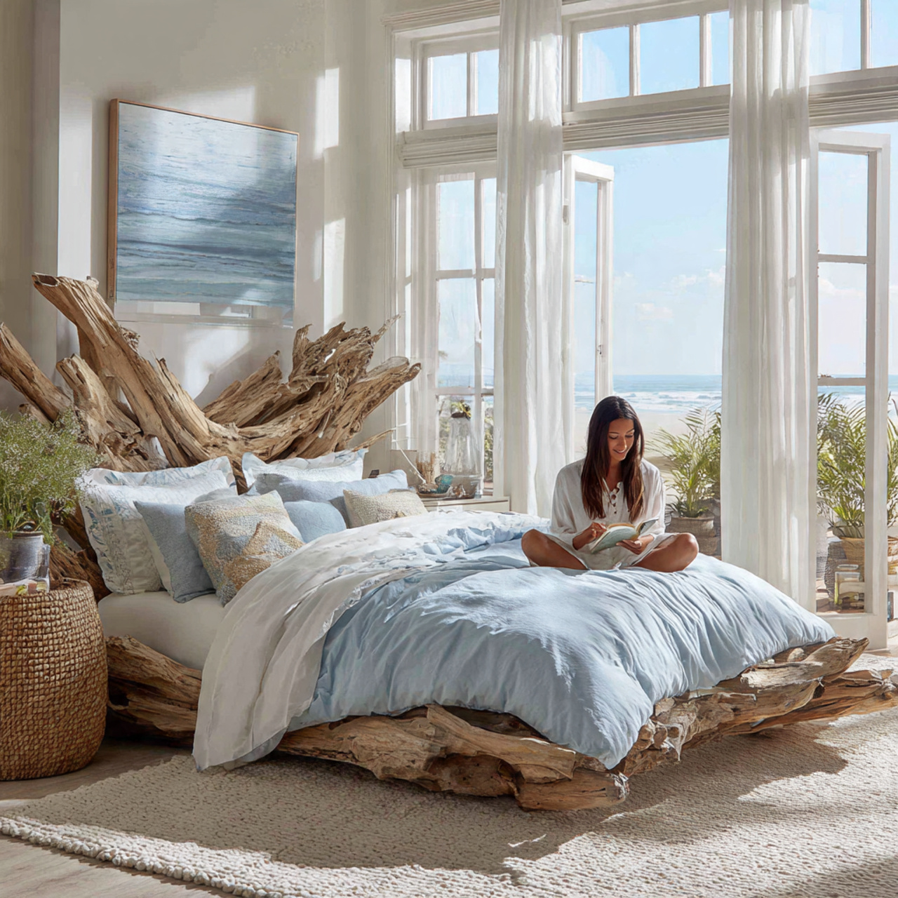 25 Chic & Inspiring Bedroom Wall Decor Above Bed Ideas You’ll Love 16 serene coastal bedroom featuring a driftwood natural
