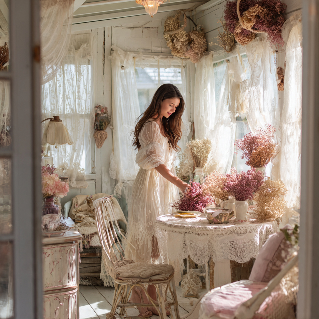 shabby chic sunroom with distressed white furniture