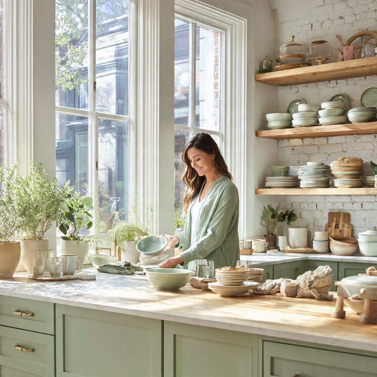 25 Sage Green Kitchen Ideas – Transform Your Space with Calm & Stylish Vibes 9 spacious kitchen with sage green open shelving