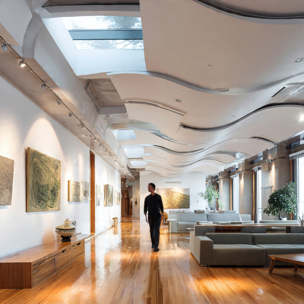 spacious modern gallery living area featuring pop