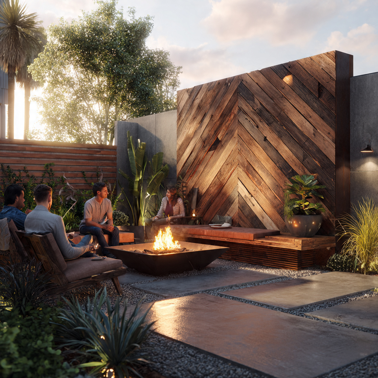 stylish backyard featuring a chevron patterned timber