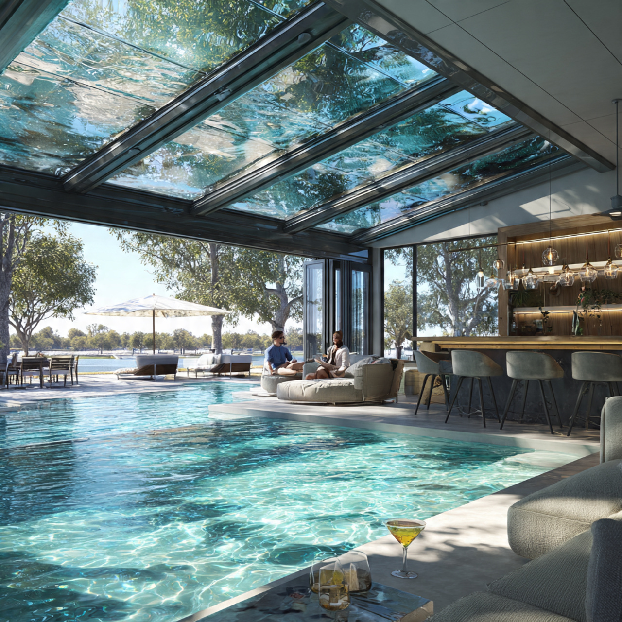 sunroom adjacent to a sparkling pool with