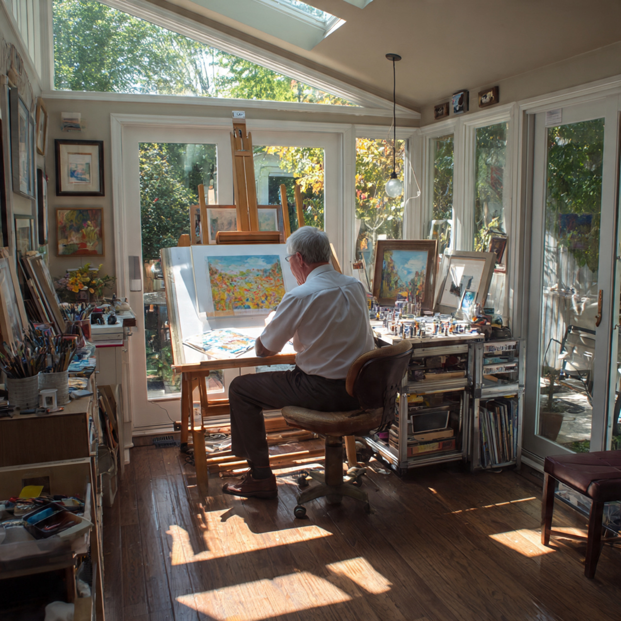 sunroom converted into an art studio with