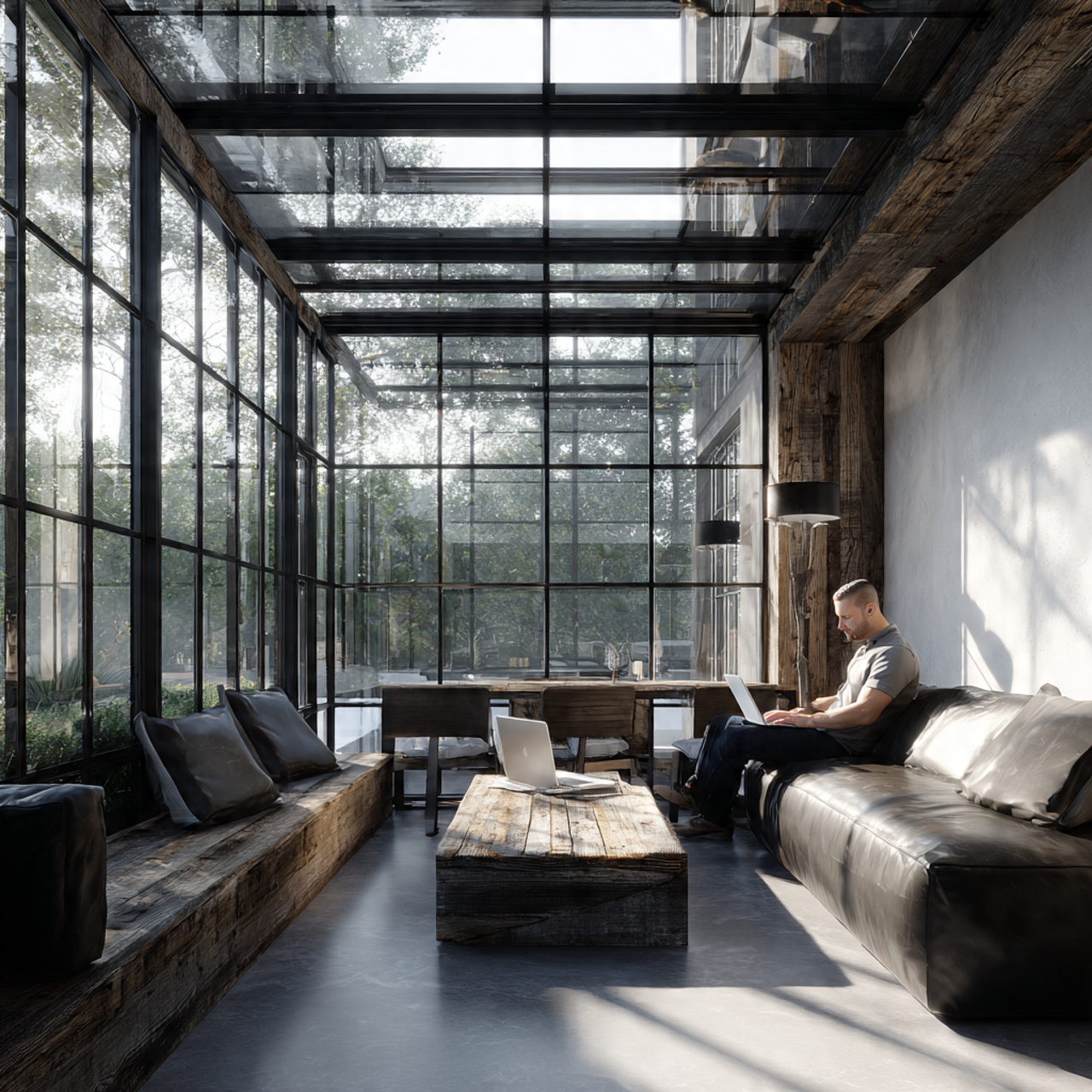 sunroom designed as a modern industrial glass