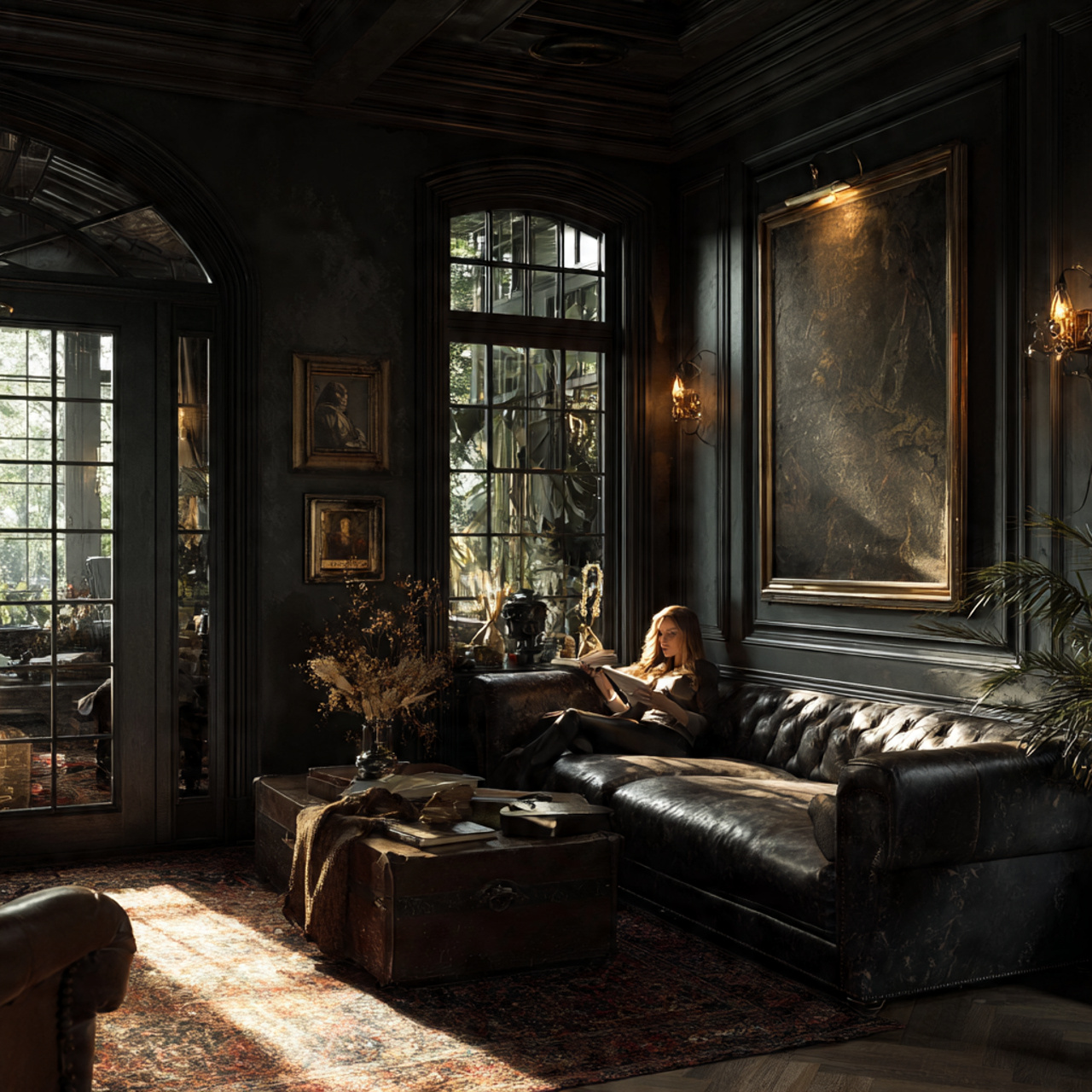 sunroom with dark charcoal walls and window