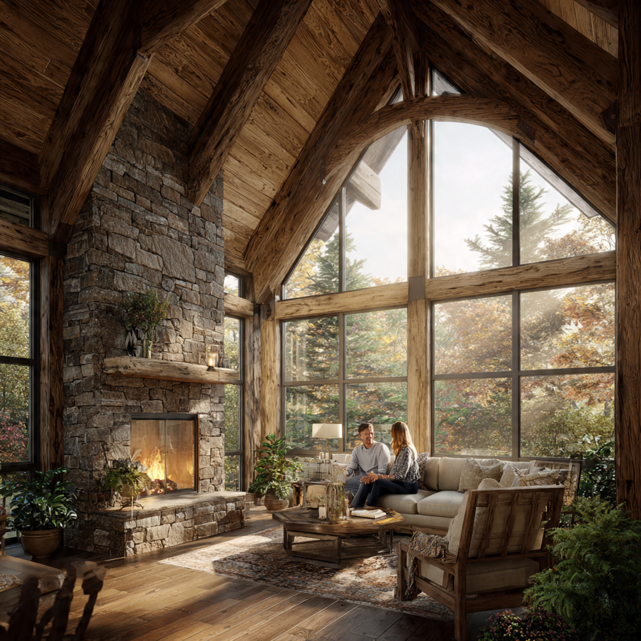 sunroom with heavy timber framing stone accents