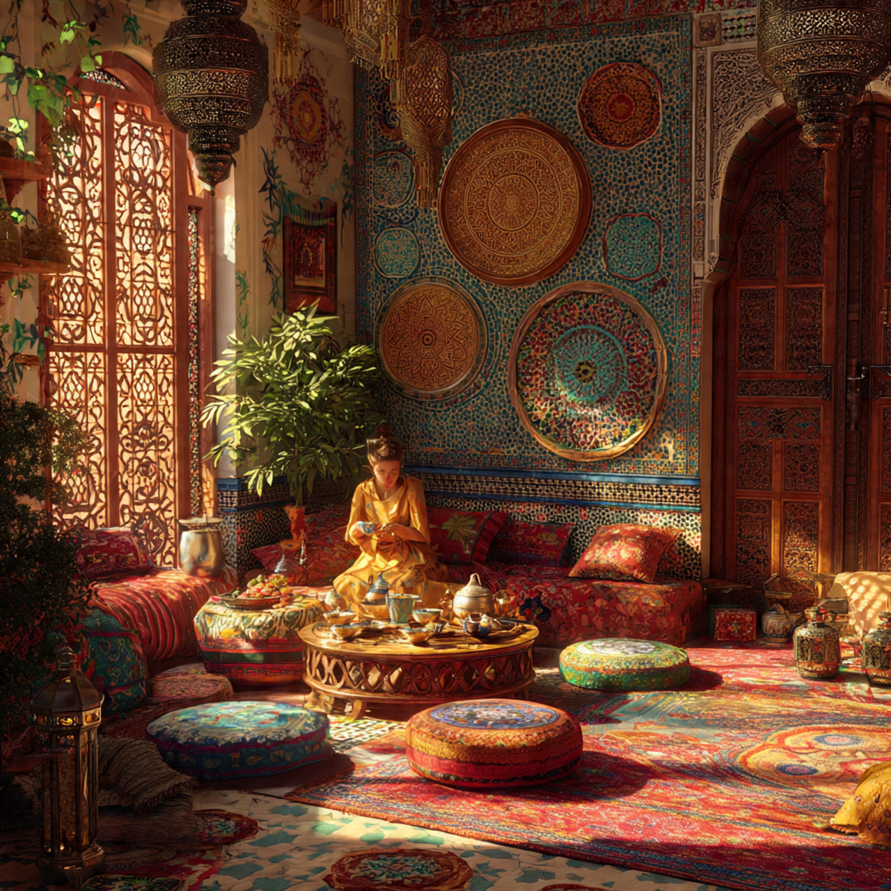 sunroom with vibrant moroccan style colorful tiles