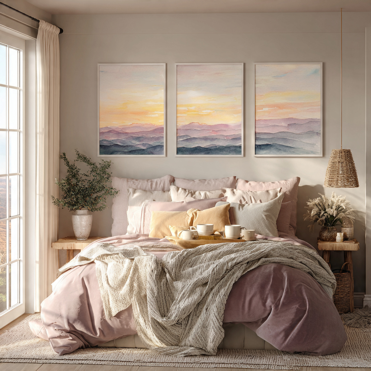 25 Chic & Inspiring Bedroom Wall Decor Above Bed Ideas You’ll Love 22 tranquil bedroom with dreamy watercolor horizon triptych