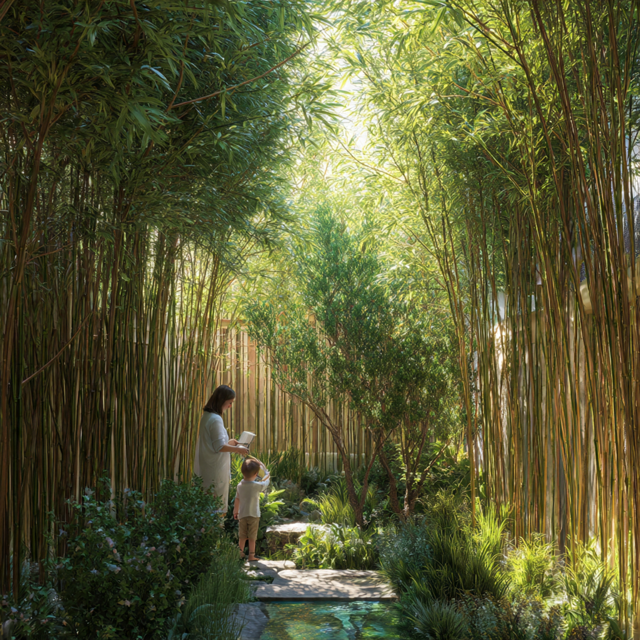 tropical backyard with a dense living bamboo