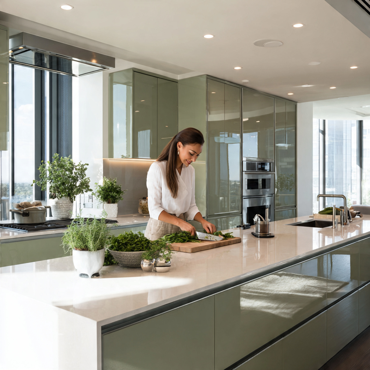 25 Sage Green Kitchen Ideas – Transform Your Space with Calm & Stylish Vibes 19 ultra modern kitchen with high gloss sage green cabinets