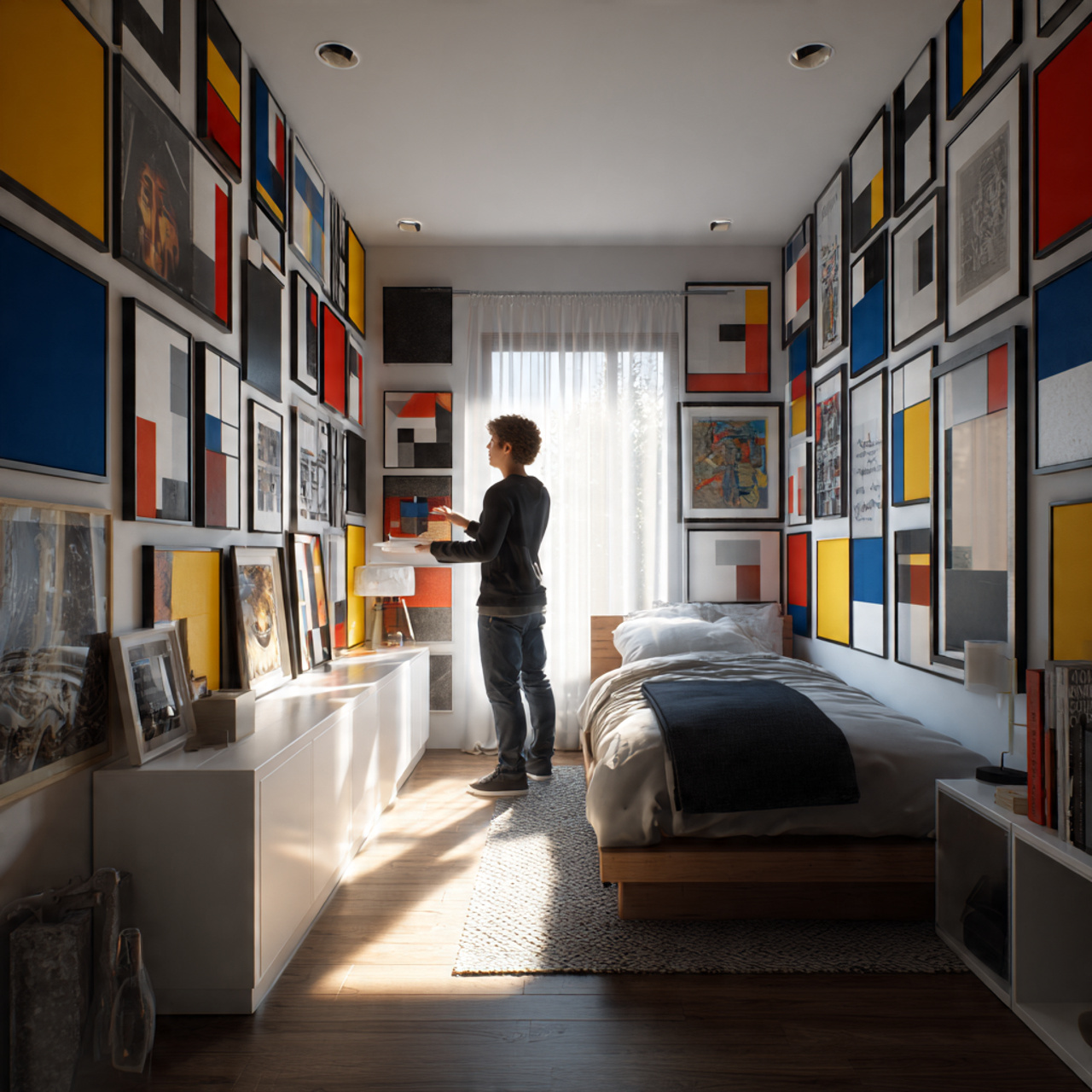 25 Stunning Bedroom Decor Aesthetic Ideas for Every Style & Mood 19 ultra realistic bedroom featuring bauhaus primary color scheme