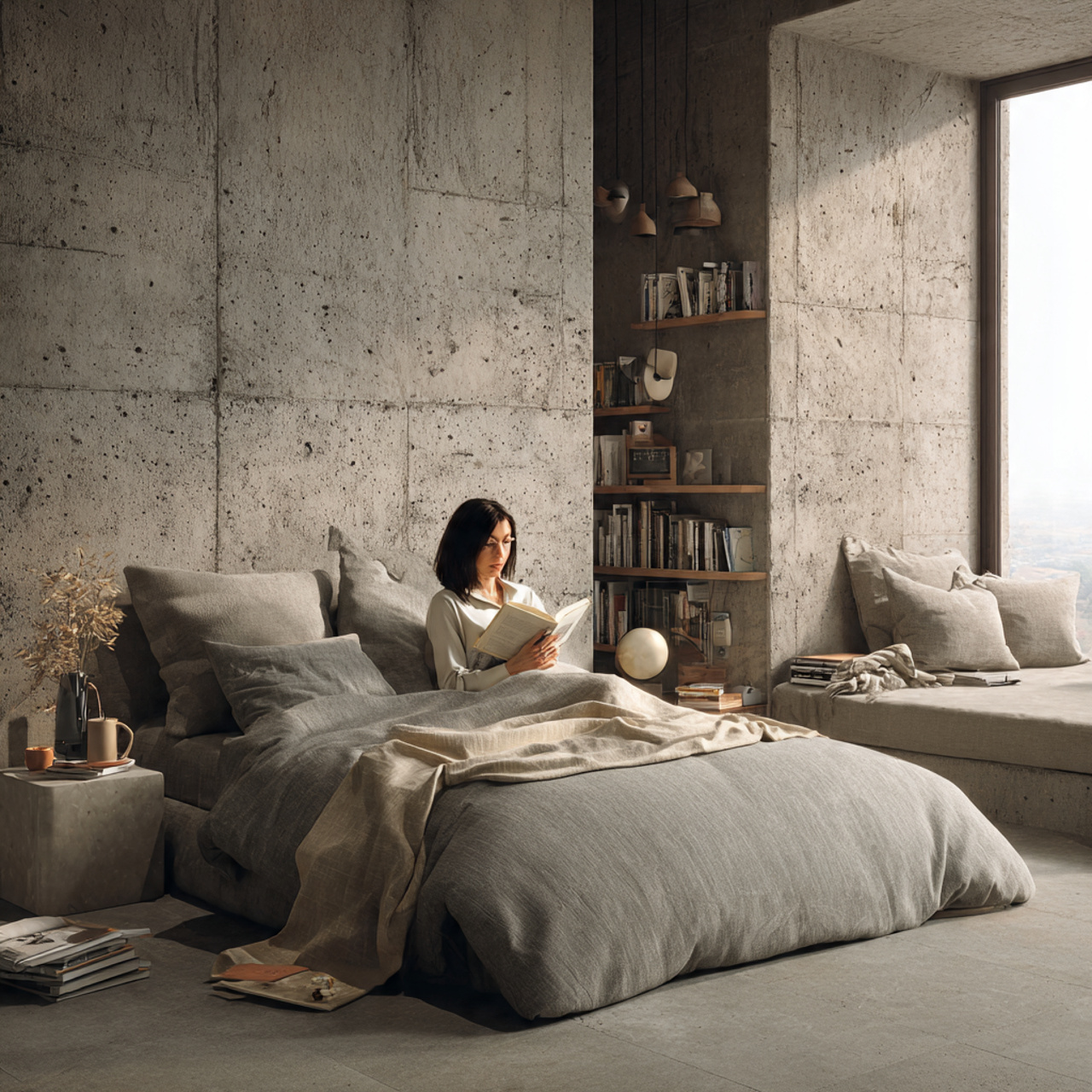 25 Stunning Bedroom Decor Aesthetic Ideas for Every Style & Mood 24 ultra realistic bedroom featuring brutalist raw concrete aesthetic
