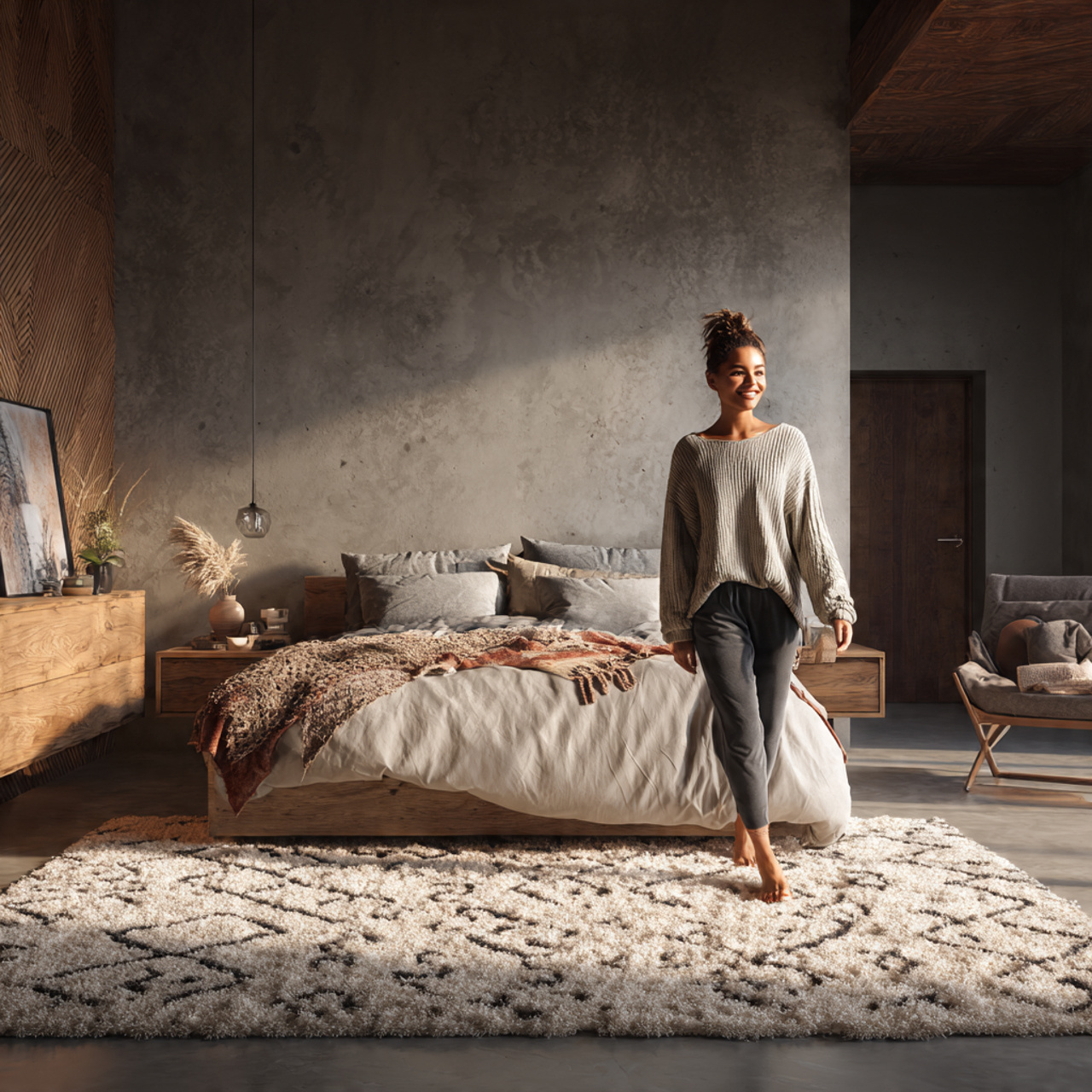 ultra realistic bedroom ideas decor featuring layered rugs