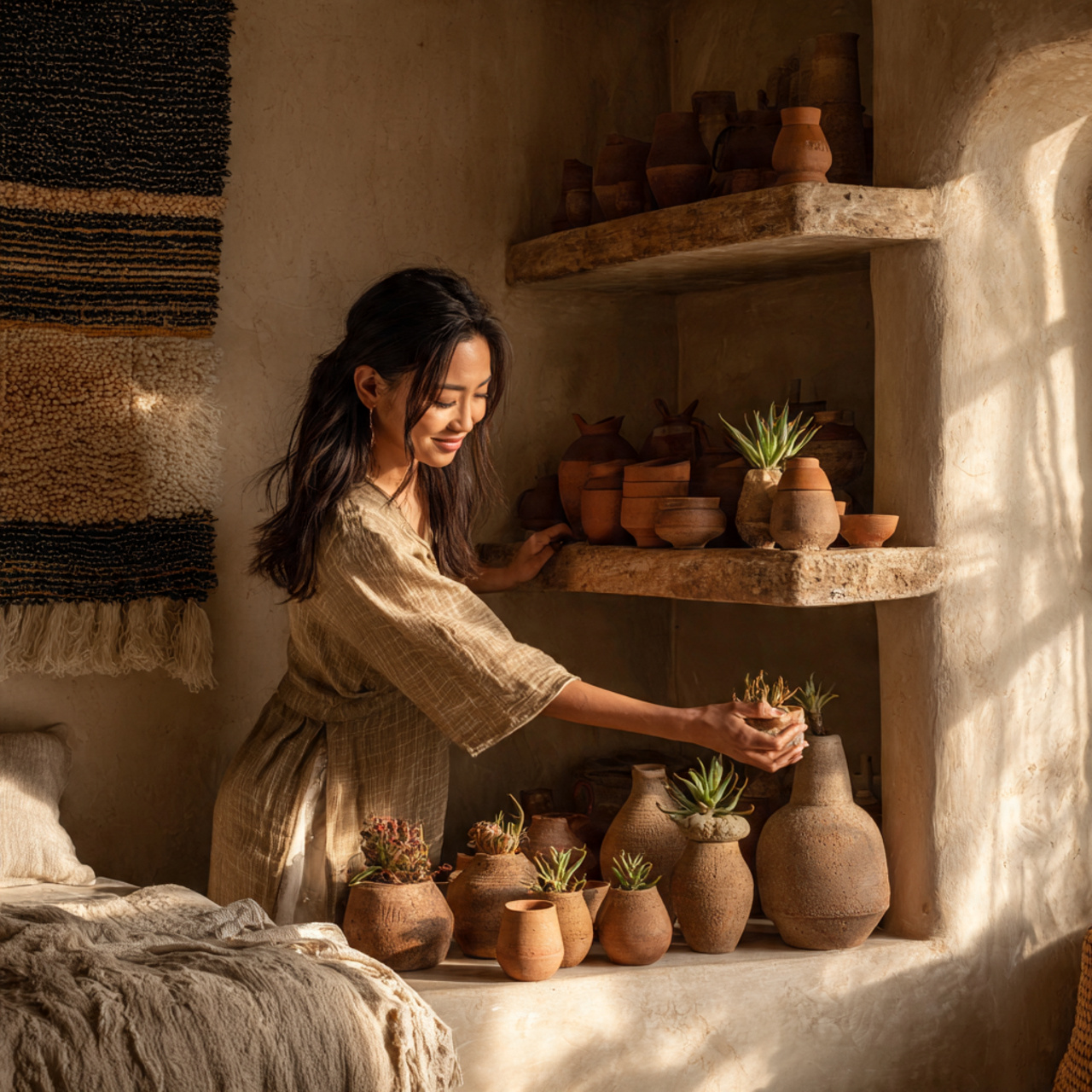 25 Inspiring Bedroom Shelf Decor Ideas for Every Style & Mood 15 ultra realistic bedroom shelf featuring terracotta pots of