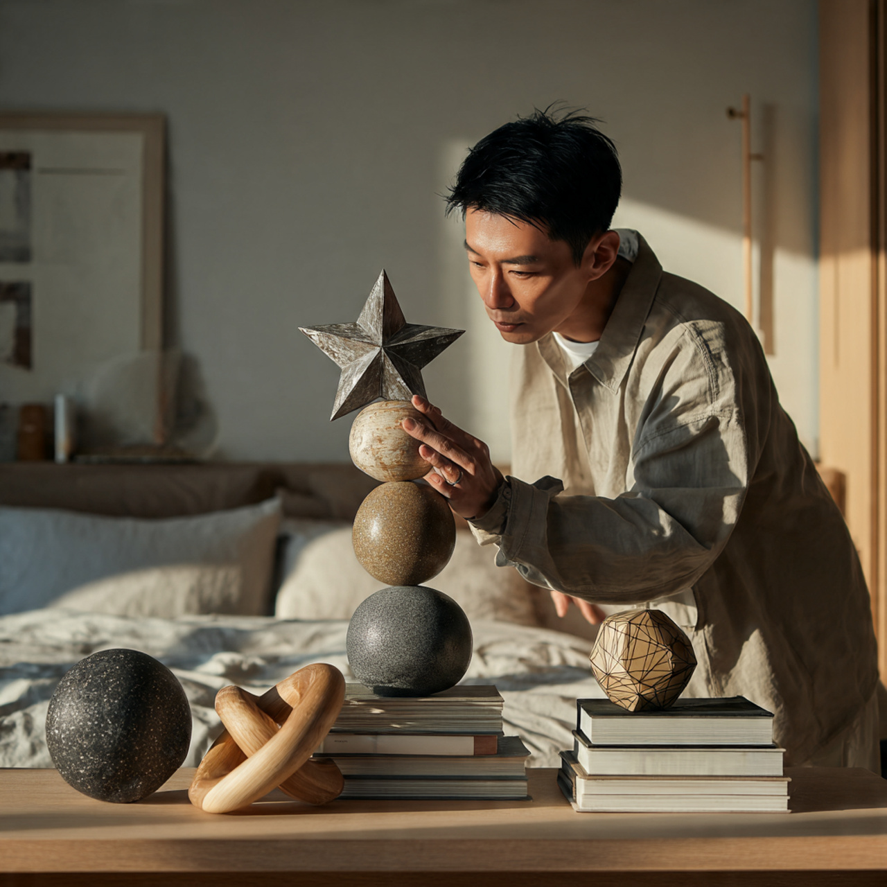 25 Inspiring Bedroom Shelf Decor Ideas for Every Style & Mood 16 ultra realistic bedroom shelf with modern geometric figurines