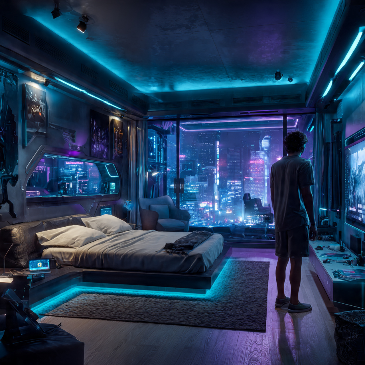 25 Stunning Bedroom Decor Aesthetic Ideas for Every Style & Mood 12 ultra realistic bedroom with cyberpunk neon future room
