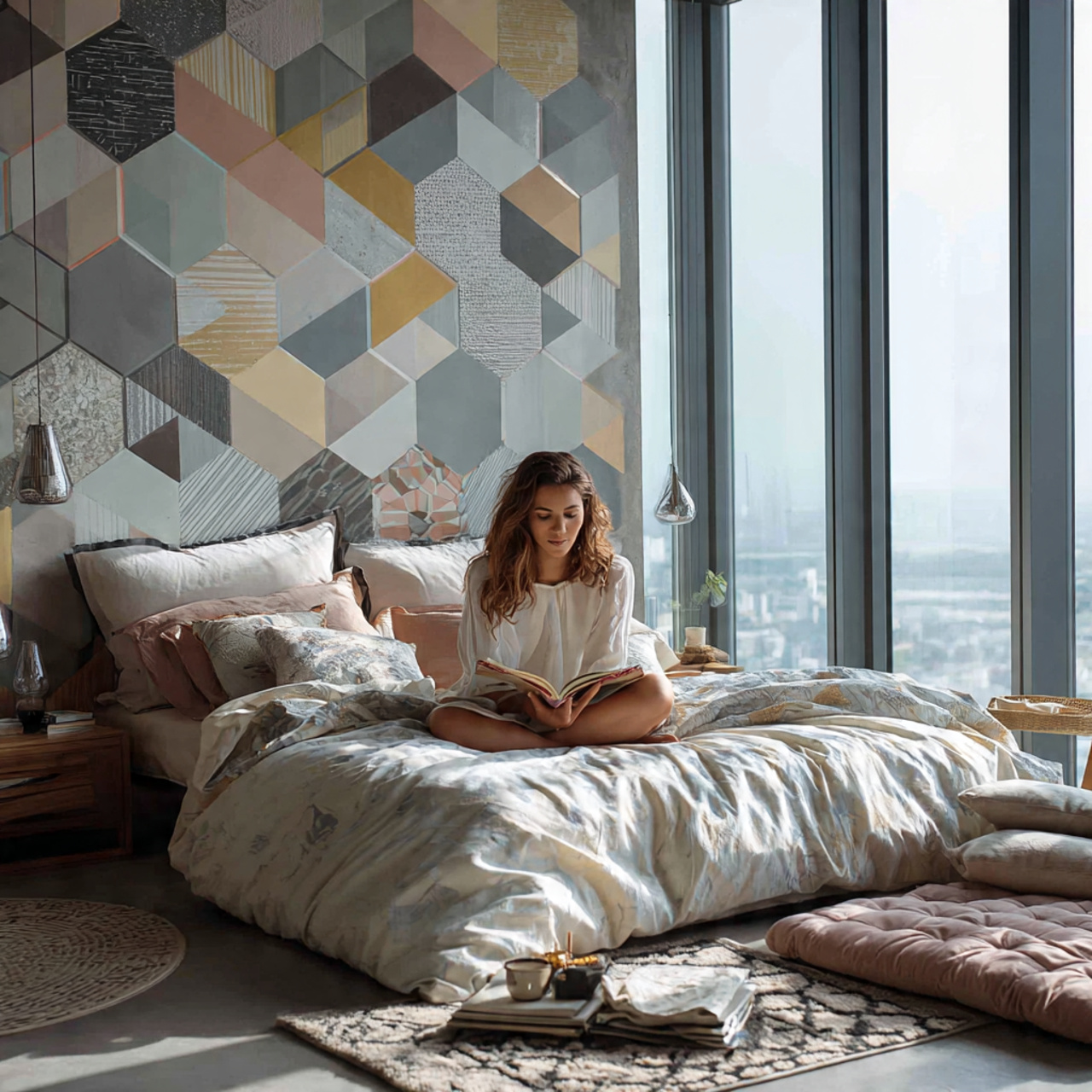 25 Home Decor Ideas Bedroom for Modern, Cozy & Luxury Interiors 21 ultra realistic image of a geometric pattern bedroom