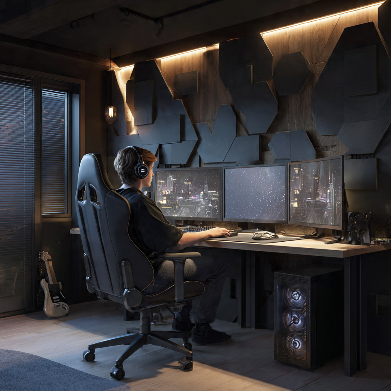 ultra realistic modern interior of boys bedroom decor