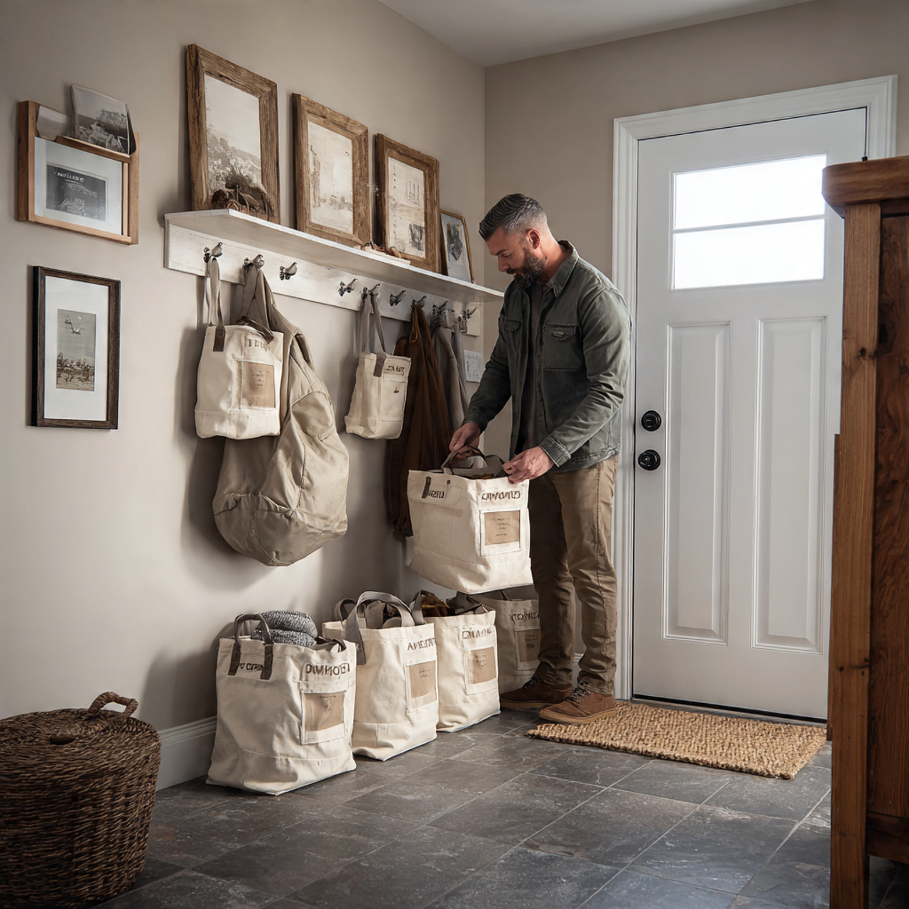 25 Organization Ideas That Transform Clutter Into Stunning Home Style 15 ultra realistic mudroom interior showing labelled canvas tote