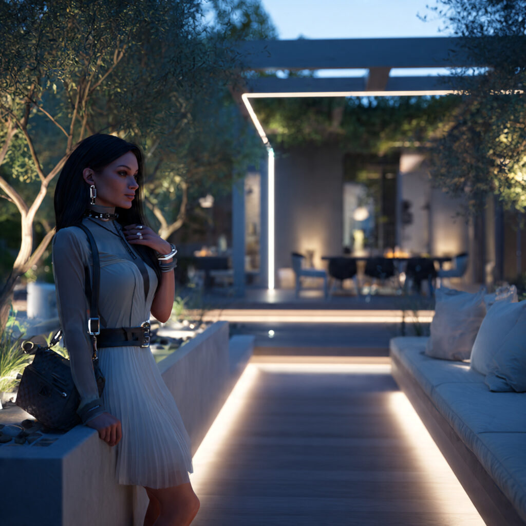 ultra realistic outdoor patio ideas highlighting smart lighting