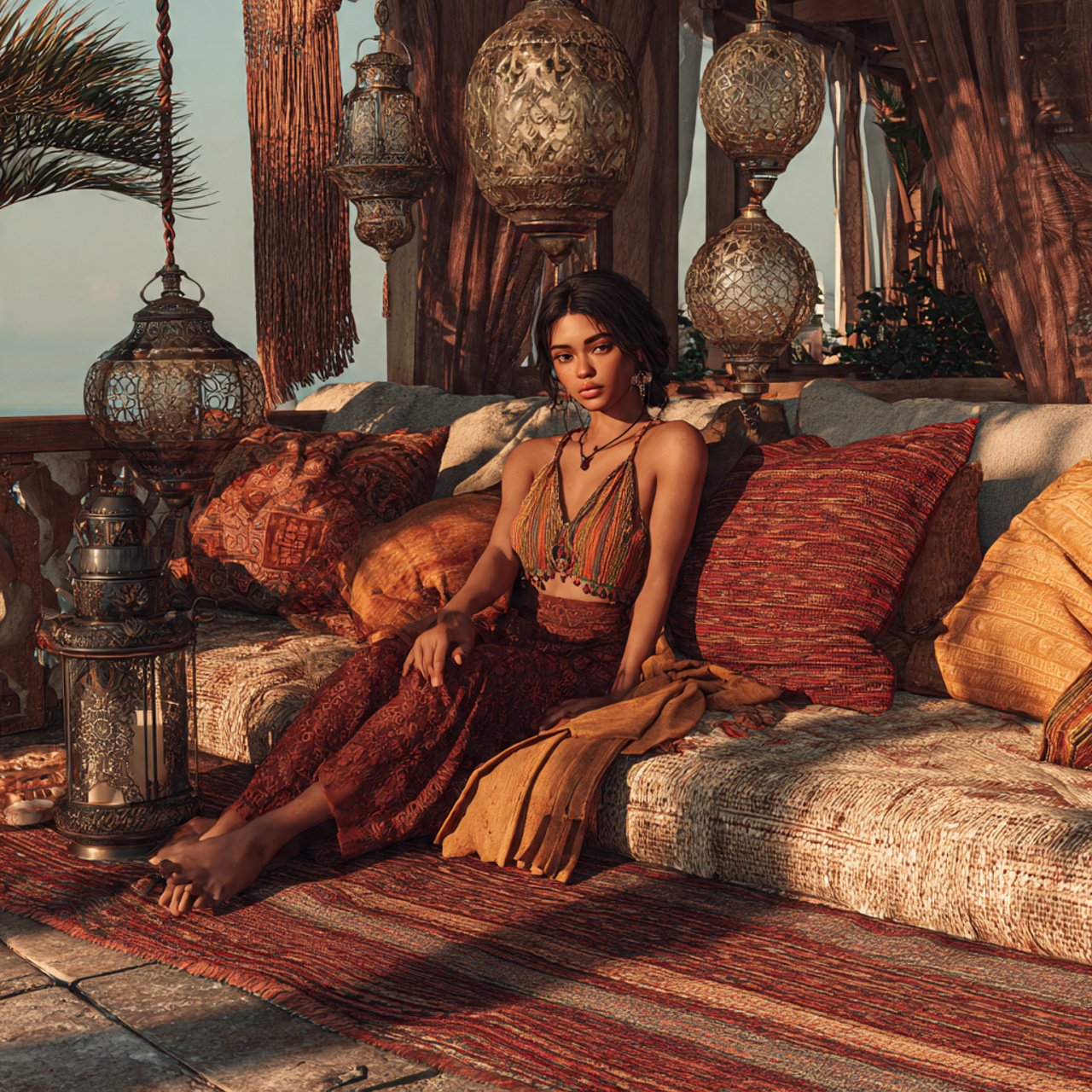 ultra realistic outdoor patio ideas with bohemian layered