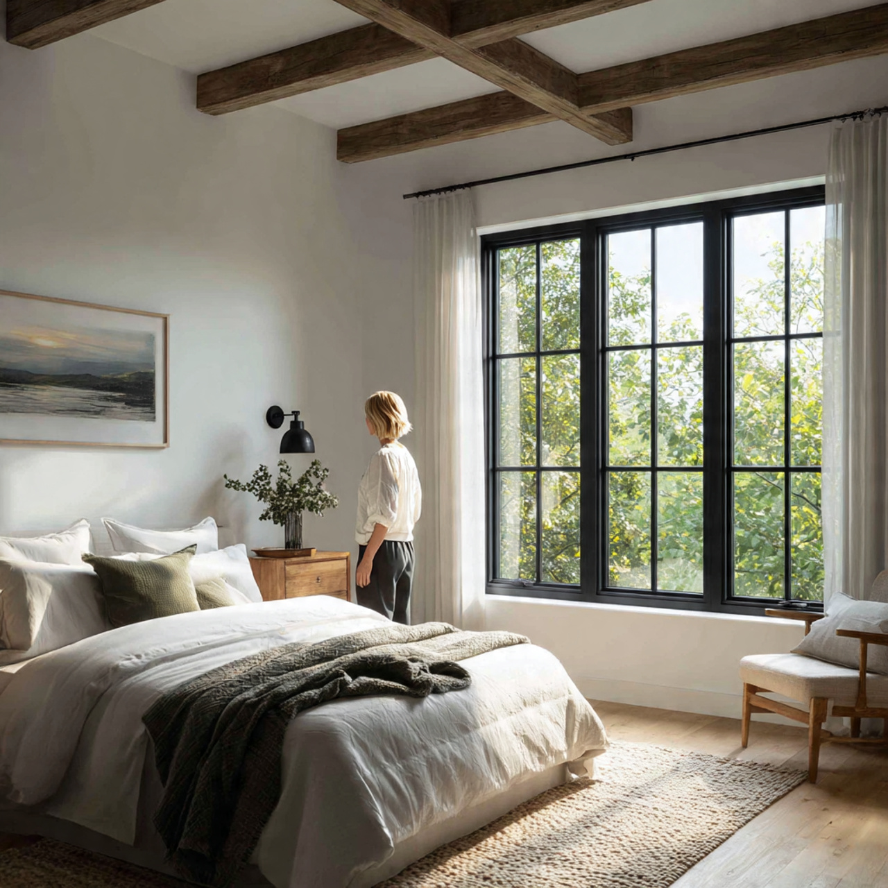 25 Farmhouse Bedroom Decor Ideas for a Cozy, Timeless & Beautiful Retreat 23 ultra realistic wide angle bedroom shot of farmhouse bedroom 2