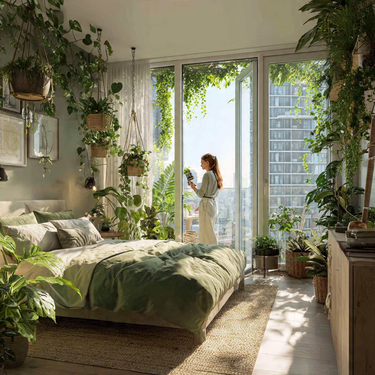 ultra realistic wide angle photo of apartment bedroom decor