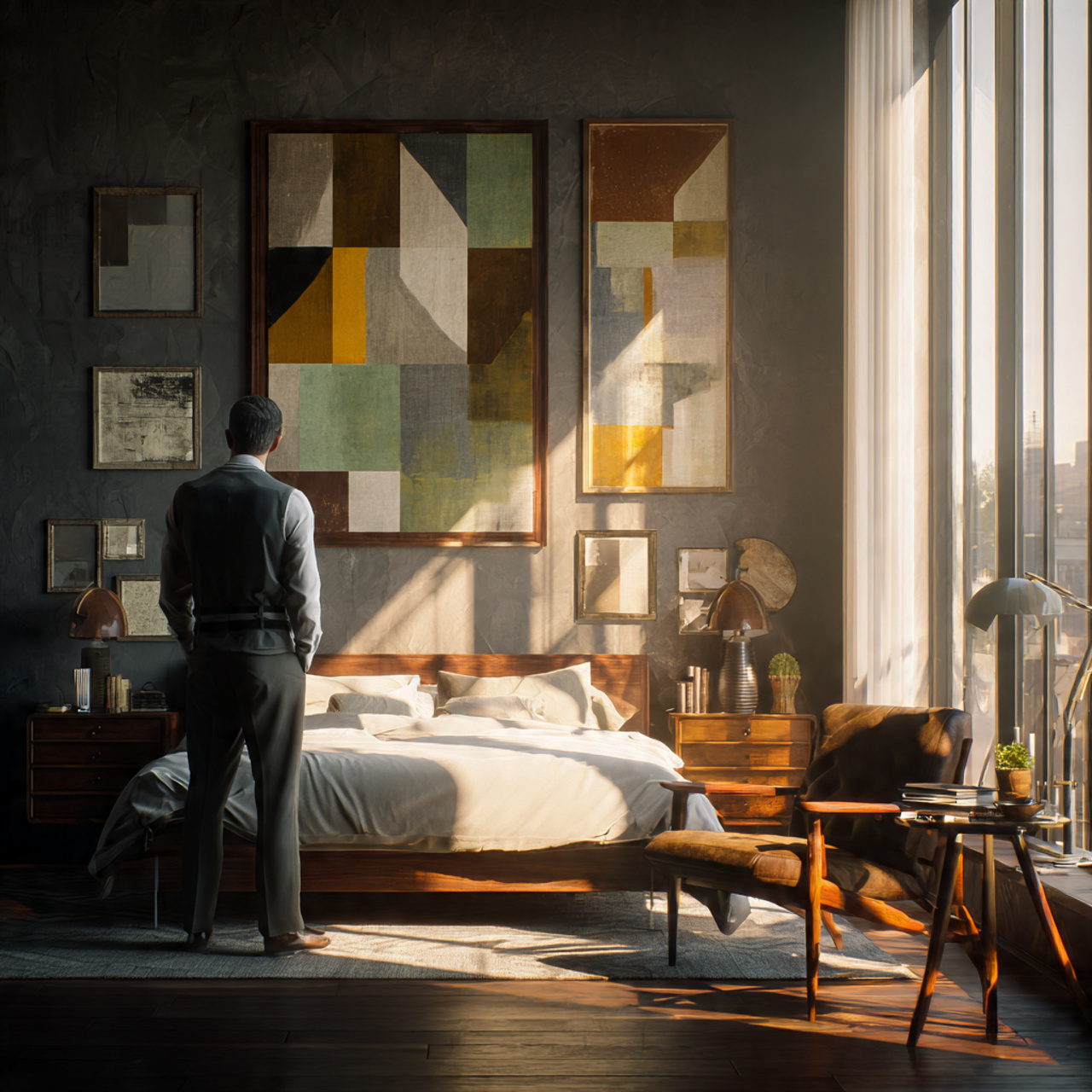 ultra realistic wide view photograph of apartment bedroom decor