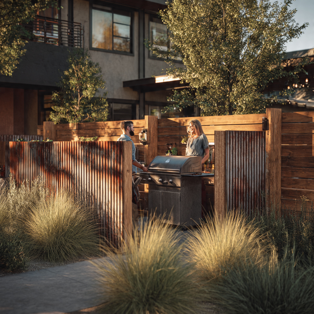urban backyard with corrugated metal privacy fence