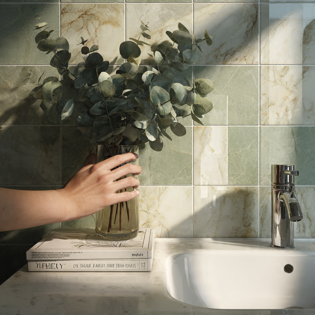 a bathroom countertop with a small vase holding fr