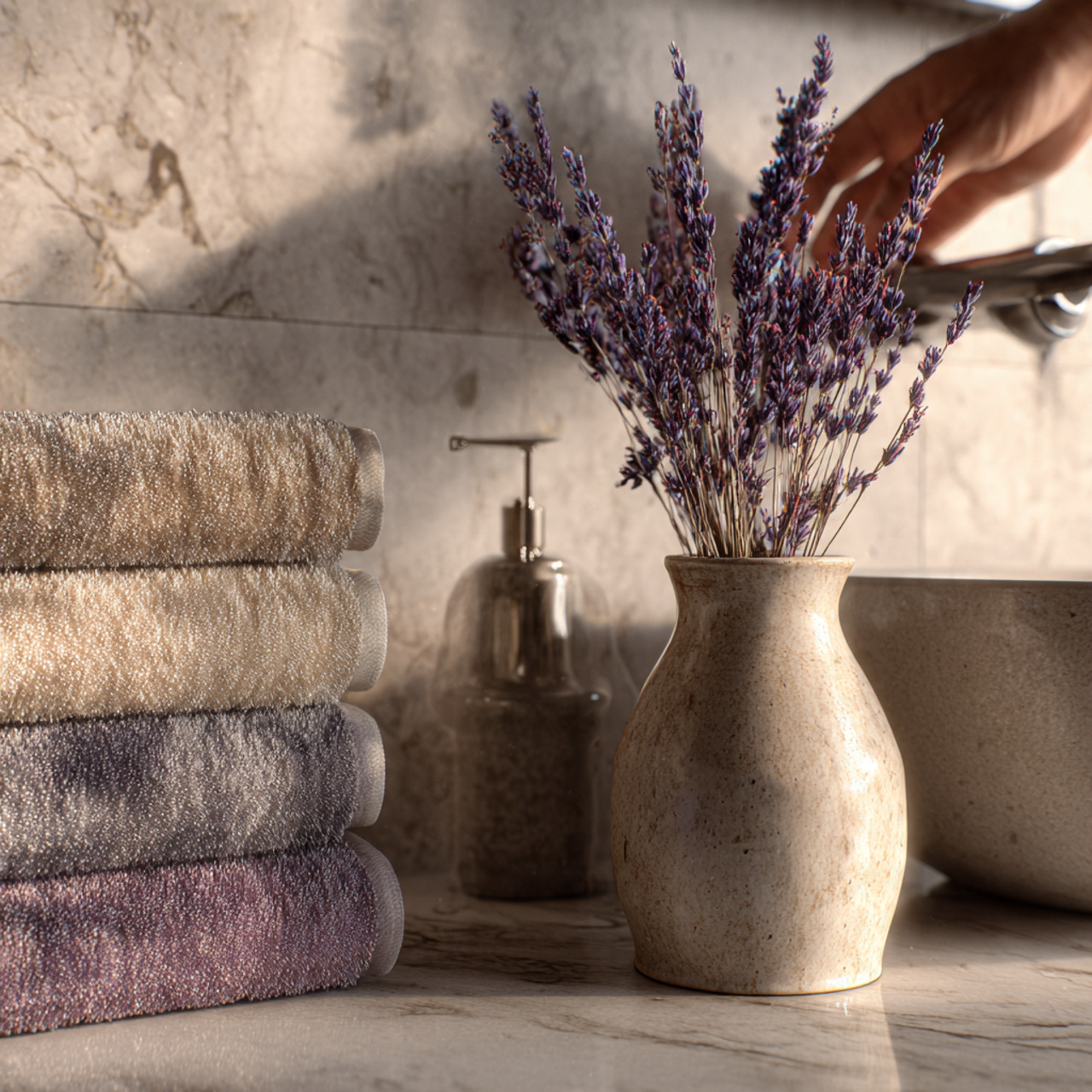 a bathroom sink with a slender bud vase containing