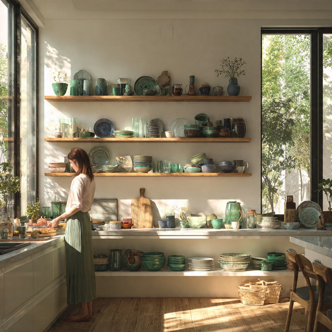 a bright airy modern kitchen featuring open shelvi