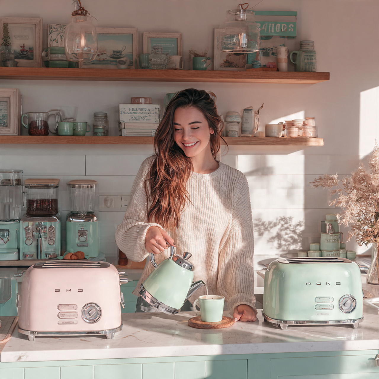 a bright and airy kitchen with a soft pastel pink