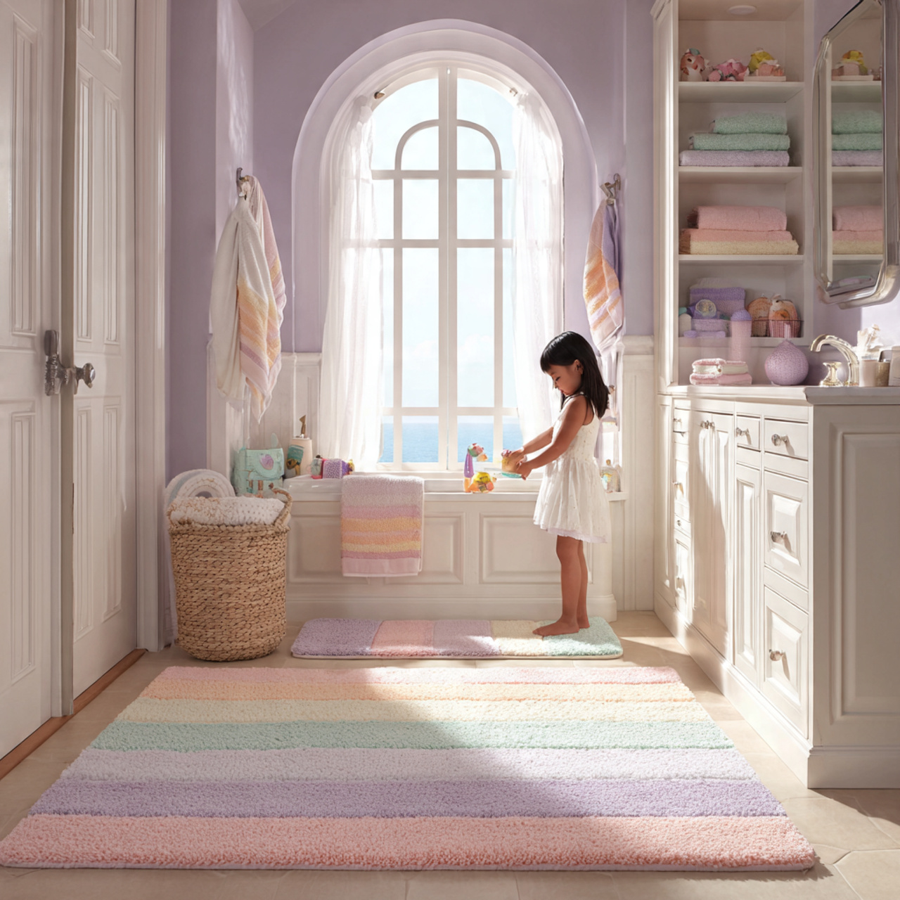 a bright and cheerful kids bathroom decor with pas