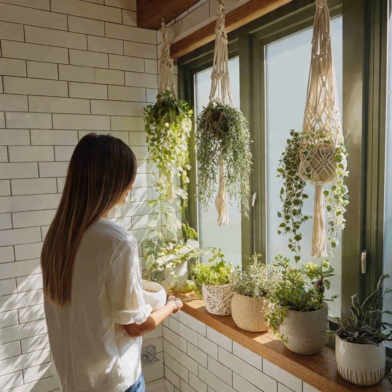 a bright bathroom corner decorated with hanging po