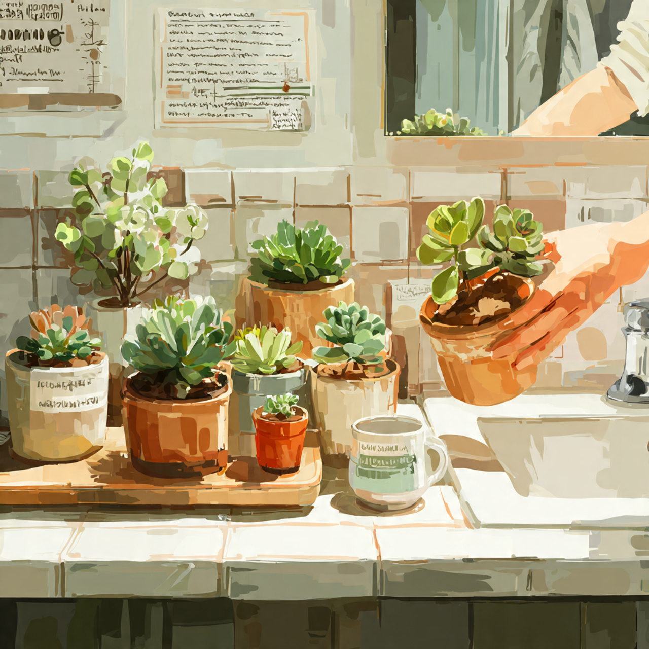 a bright bathroom countertop with small potted suc