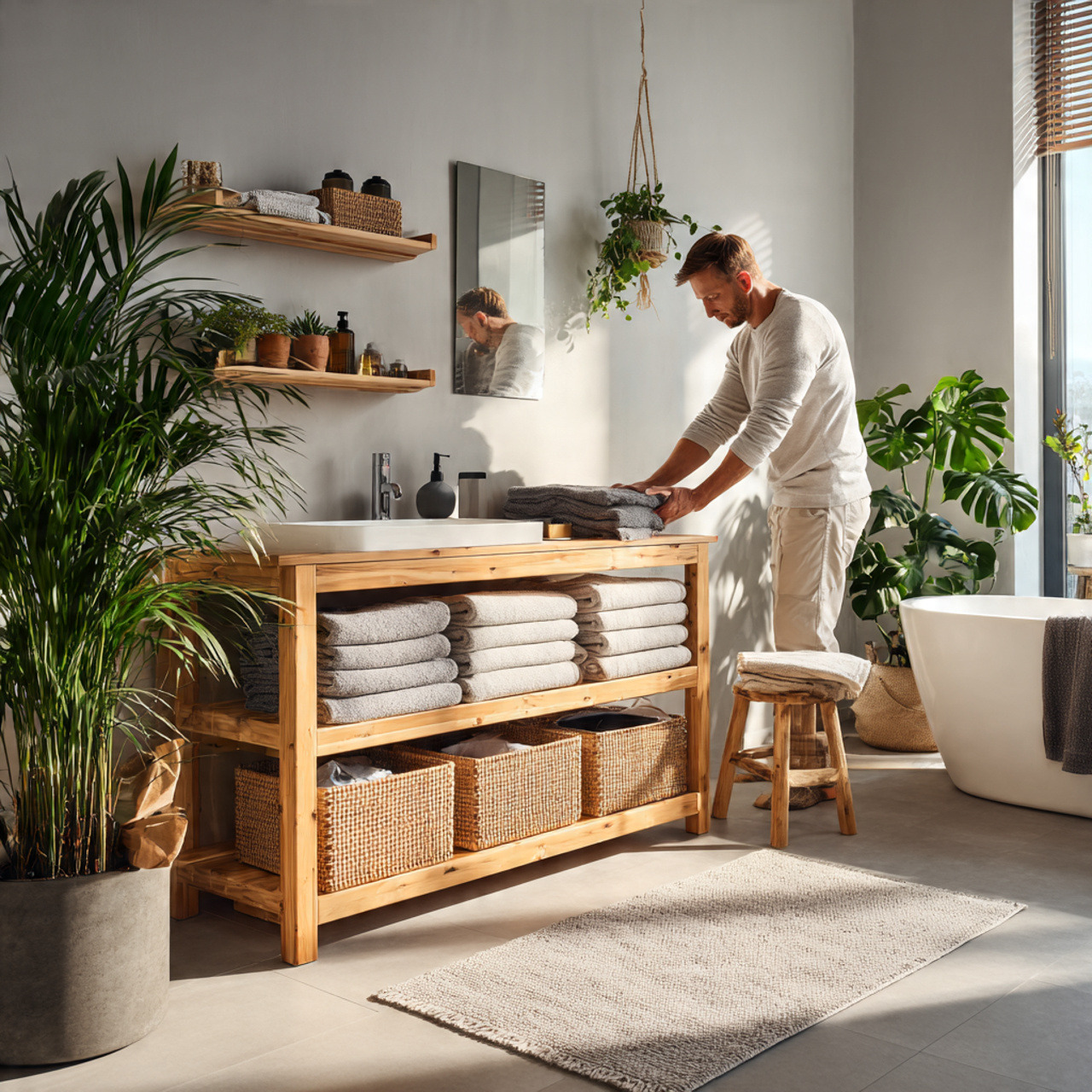 a bright bathroom featuring pale pine wood accents