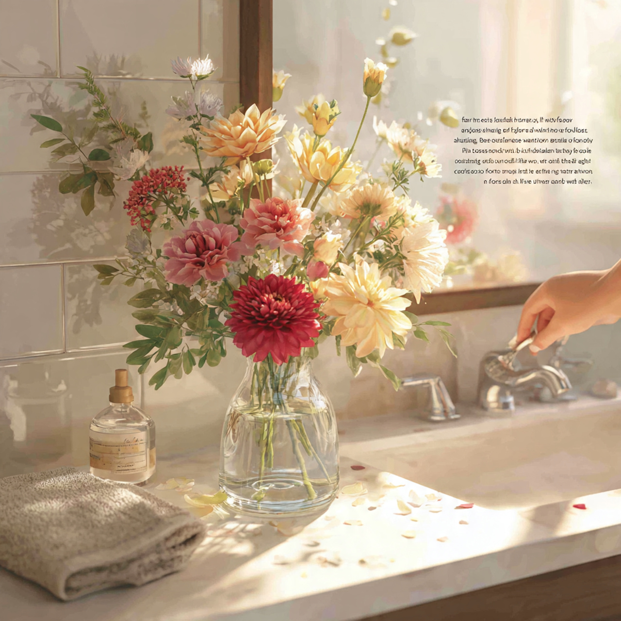a bright bathroom vanity with a small vase of fres